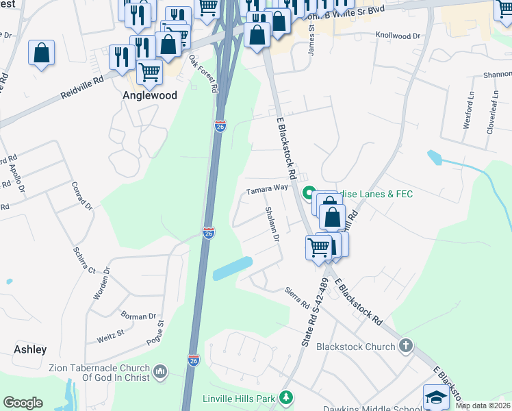 map of restaurants, bars, coffee shops, grocery stores, and more near 511 Lavendula Street in Spartanburg