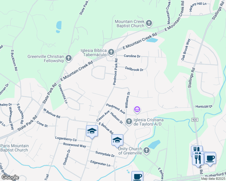 map of restaurants, bars, coffee shops, grocery stores, and more near 1210 Piedmont Park Road in Taylors