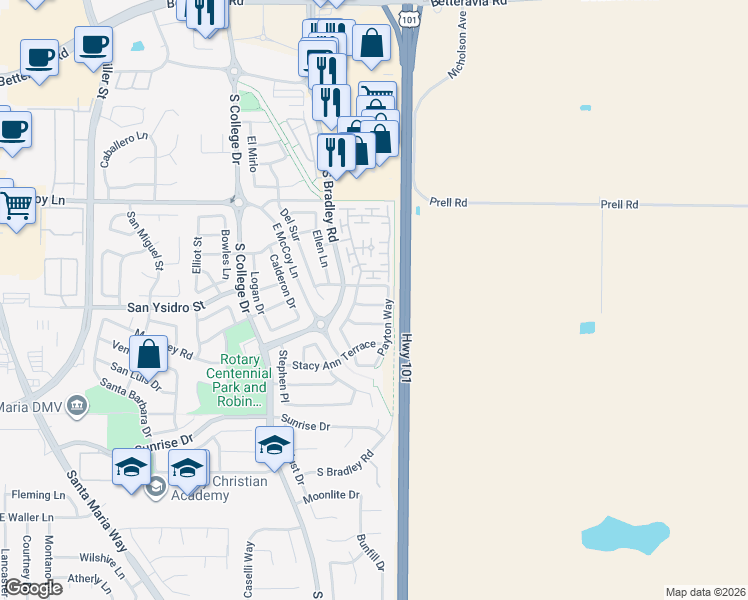 map of restaurants, bars, coffee shops, grocery stores, and more near 1021 Hartley Place in Santa Maria
