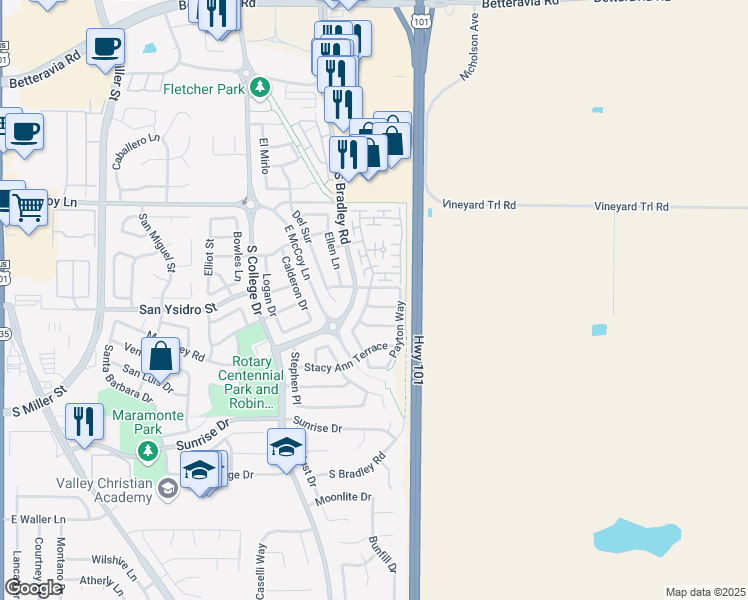 map of restaurants, bars, coffee shops, grocery stores, and more near 1003 Hartley Place in Santa Maria