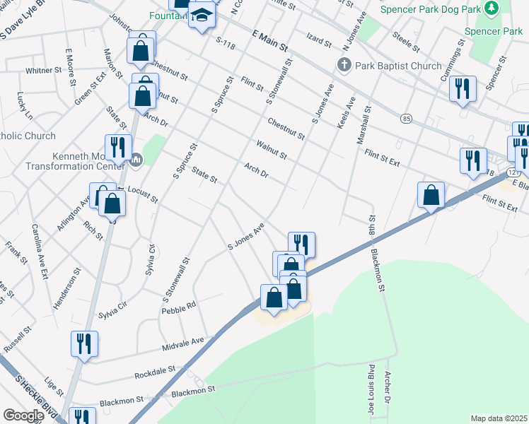 map of restaurants, bars, coffee shops, grocery stores, and more near 669 Stonewall Court in Rock Hill