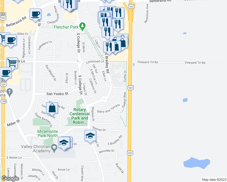 map of restaurants, bars, coffee shops, grocery stores, and more near 2609 Rubel Way in Santa Maria