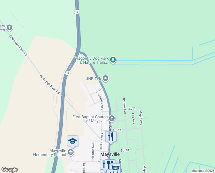 map of restaurants, bars, coffee shops, grocery stores, and more near 72-74 North Carolina 58 in Maysville
