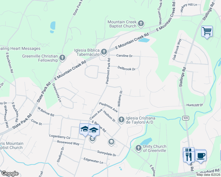 map of restaurants, bars, coffee shops, grocery stores, and more near 1208 Piedmont Park Road in Taylors