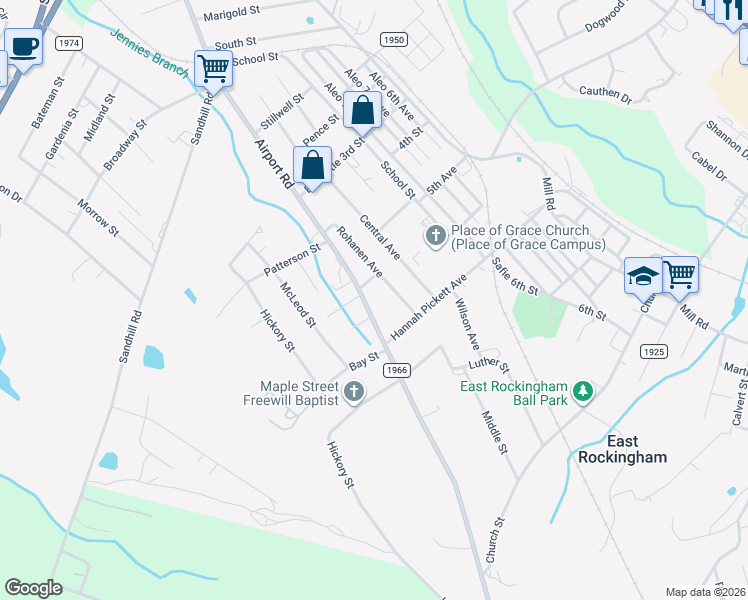 map of restaurants, bars, coffee shops, grocery stores, and more near 295 Airport Road in Rockingham