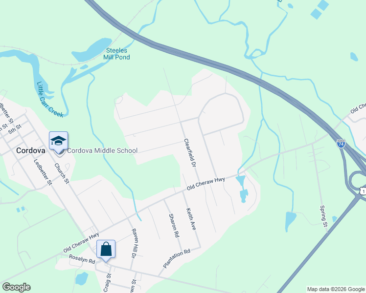map of restaurants, bars, coffee shops, grocery stores, and more near 129 Clearfield Drive in Rockingham