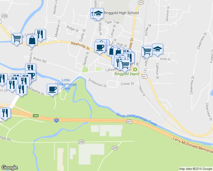 map of restaurants, bars, coffee shops, grocery stores, and more near 86 Gale Street in Ringgold