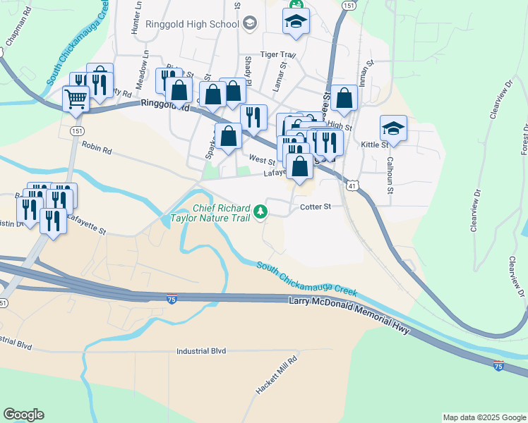 map of restaurants, bars, coffee shops, grocery stores, and more near 88 Gale Street in Ringgold