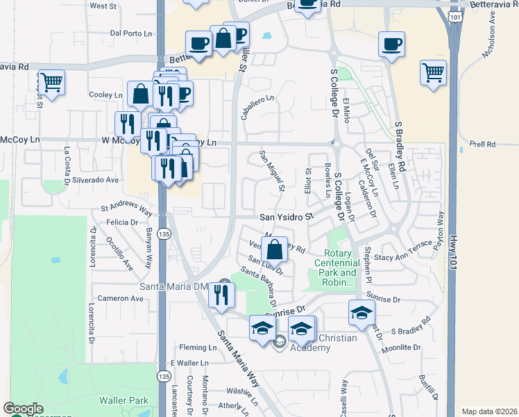map of restaurants, bars, coffee shops, grocery stores, and more near 416 Playa Blanca Street in Santa Maria