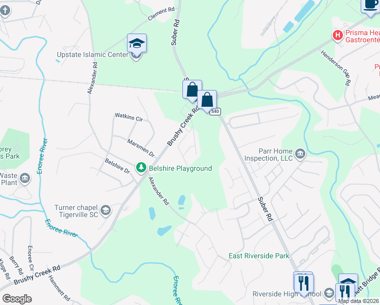 map of restaurants, bars, coffee shops, grocery stores, and more near 25 Moorlyn Lane in Greer