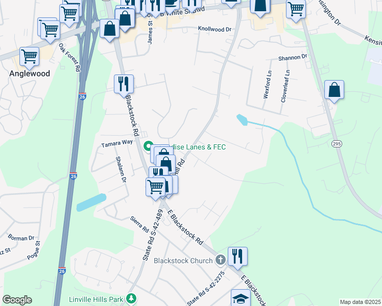 map of restaurants, bars, coffee shops, grocery stores, and more near 922 Wildwood Lane in Spartanburg