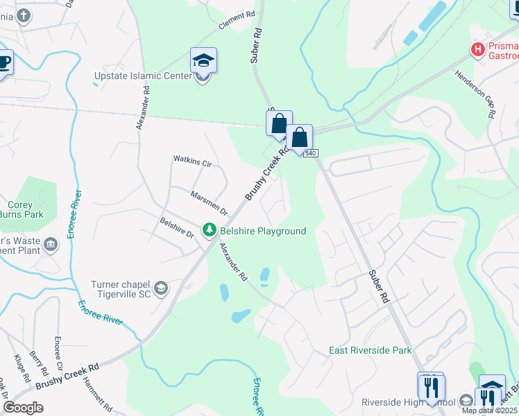 map of restaurants, bars, coffee shops, grocery stores, and more near 206 Belmar Road in Greer