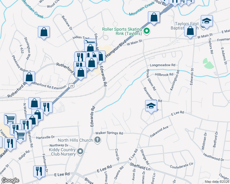 map of restaurants, bars, coffee shops, grocery stores, and more near Nonnington Way in Taylors