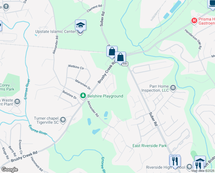 map of restaurants, bars, coffee shops, grocery stores, and more near 25 Moorlyn Lane in Greer
