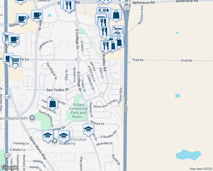 map of restaurants, bars, coffee shops, grocery stores, and more near 2549 Ellen Lane in Santa Maria