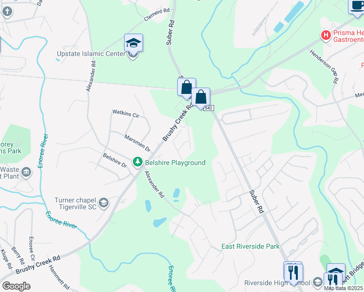 map of restaurants, bars, coffee shops, grocery stores, and more near Belmar Road in Greer