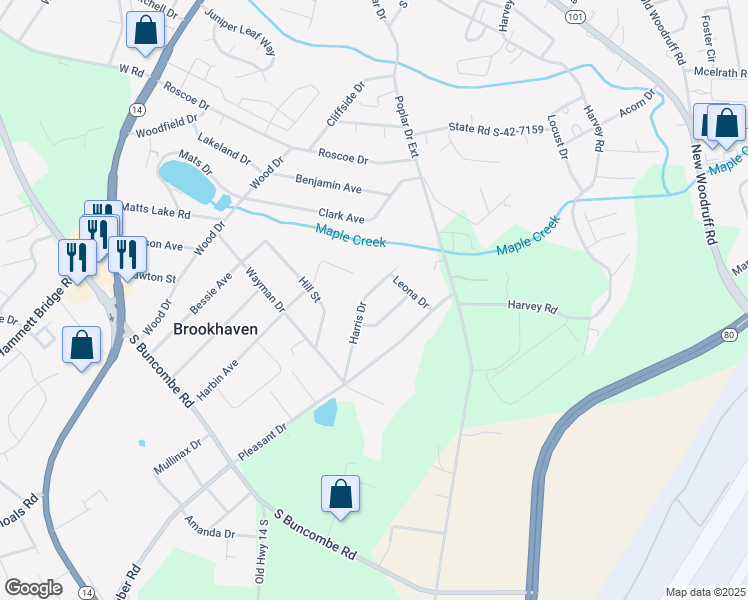 map of restaurants, bars, coffee shops, grocery stores, and more near 206 Harris Drive in Greer