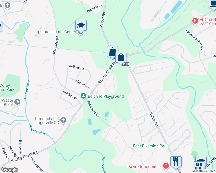 map of restaurants, bars, coffee shops, grocery stores, and more near 25 Moorlyn Lane in Greer