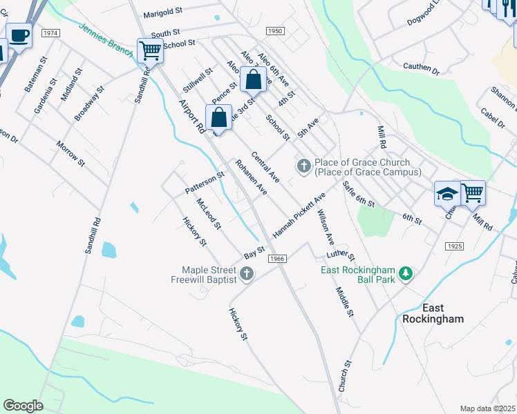 map of restaurants, bars, coffee shops, grocery stores, and more near 365 Airport Road in Rockingham