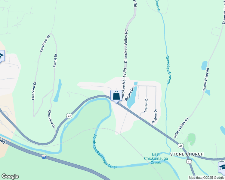 map of restaurants, bars, coffee shops, grocery stores, and more near 175 Cherokee Valley Road in Ringgold