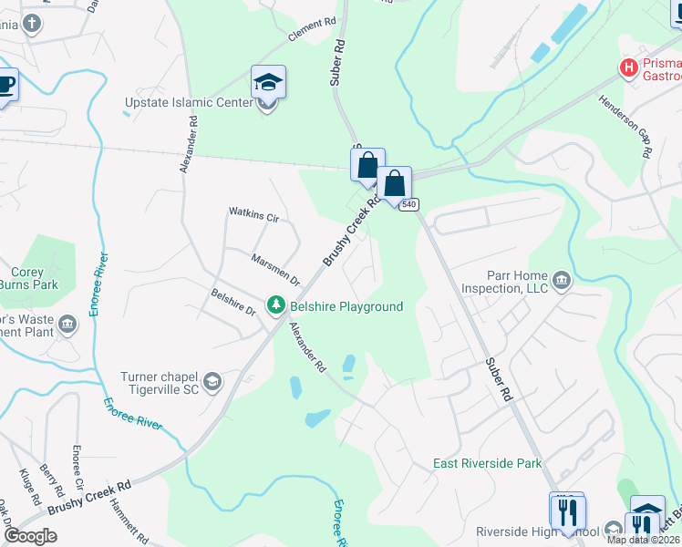 map of restaurants, bars, coffee shops, grocery stores, and more near 206 Belmar Road in Greer
