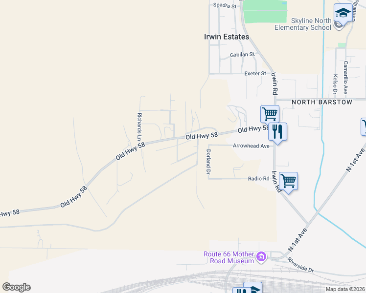 map of restaurants, bars, coffee shops, grocery stores, and more near 28836 Dobbs Road in Barstow