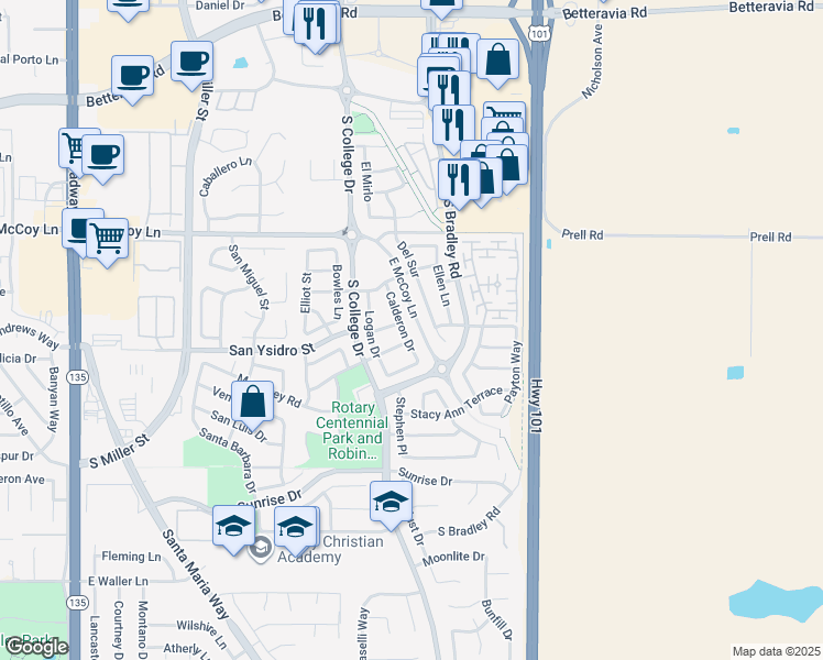 map of restaurants, bars, coffee shops, grocery stores, and more near 2606 Calderon Drive in Santa Maria