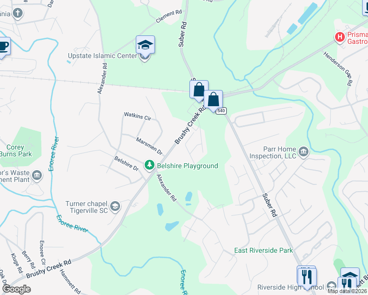map of restaurants, bars, coffee shops, grocery stores, and more near 206 Belmar Road in Greer
