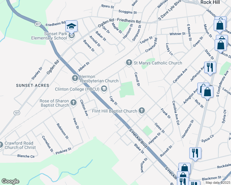 map of restaurants, bars, coffee shops, grocery stores, and more near 245 Brice Street in Rock Hill