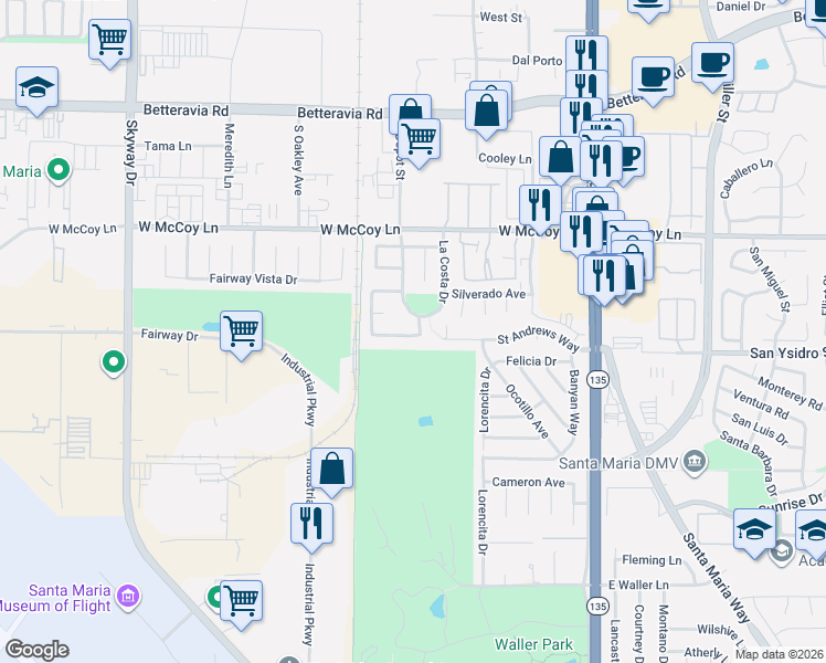 map of restaurants, bars, coffee shops, grocery stores, and more near 633 Ballestral Avenue in Santa Maria