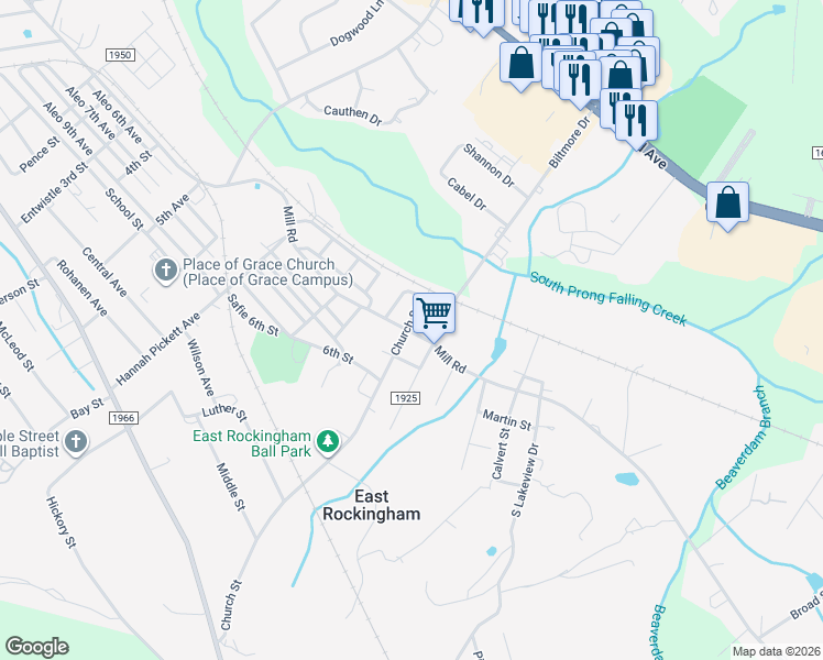 map of restaurants, bars, coffee shops, grocery stores, and more near 274 Church Street in Rockingham