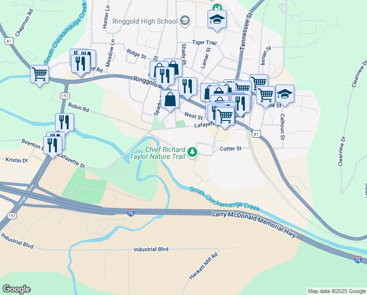 map of restaurants, bars, coffee shops, grocery stores, and more near 203 Emberson Drive in Ringgold