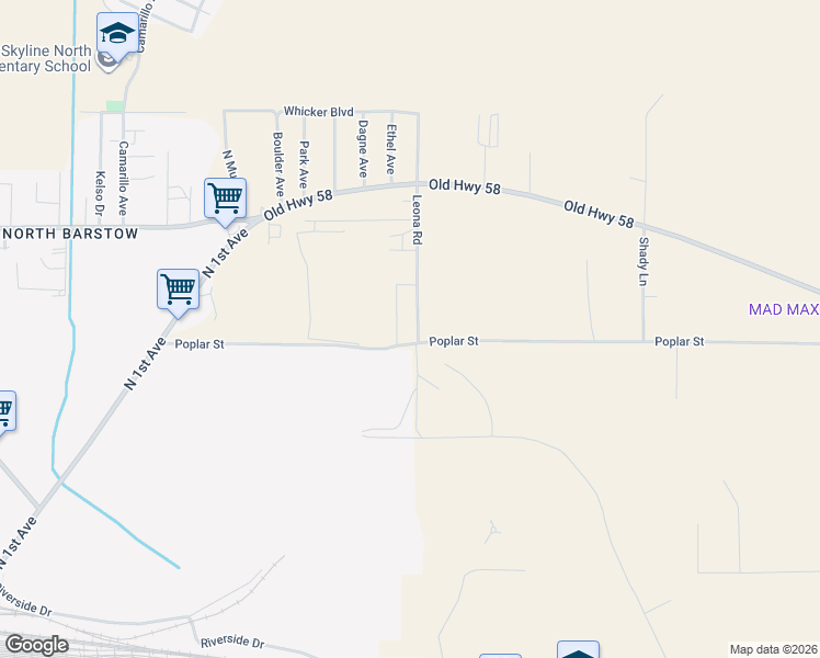 map of restaurants, bars, coffee shops, grocery stores, and more near 36526 Leona Road in Barstow