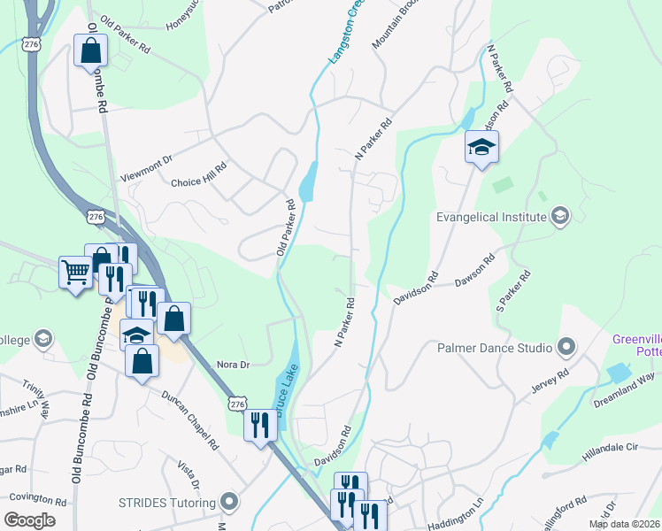 map of restaurants, bars, coffee shops, grocery stores, and more near 1314 North Parker Road in Greenville