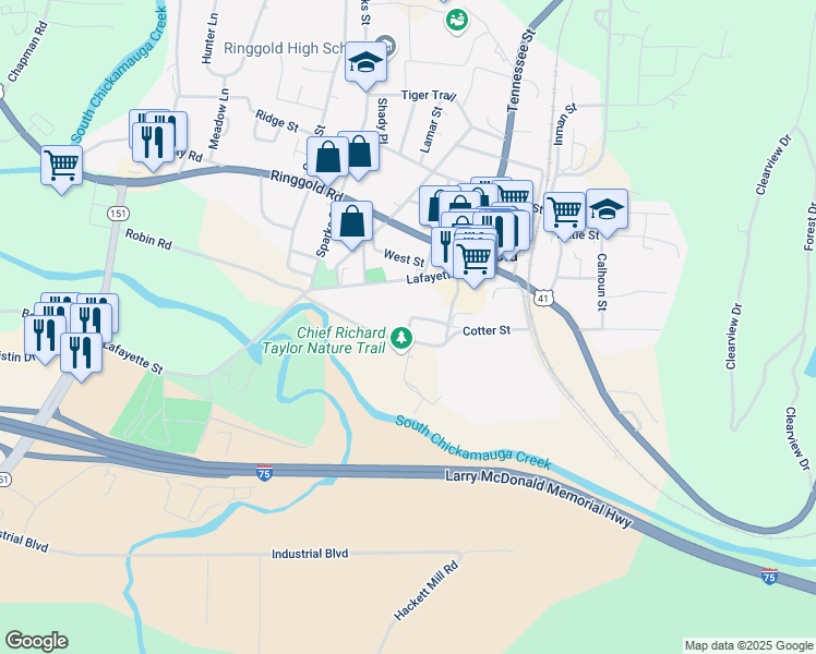 map of restaurants, bars, coffee shops, grocery stores, and more near 89 Gale Street in Ringgold