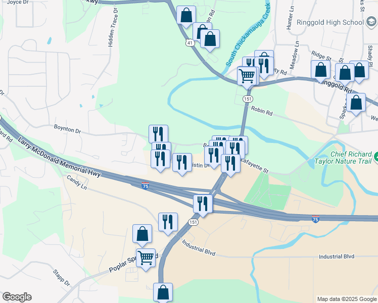 map of restaurants, bars, coffee shops, grocery stores, and more near 210 Boynton Drive in Ringgold