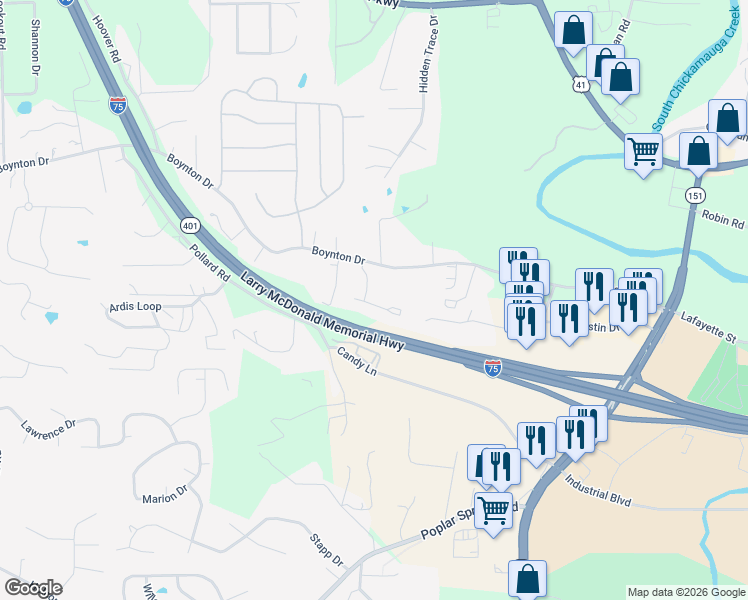 map of restaurants, bars, coffee shops, grocery stores, and more near 725 Boynton Drive in Ringgold