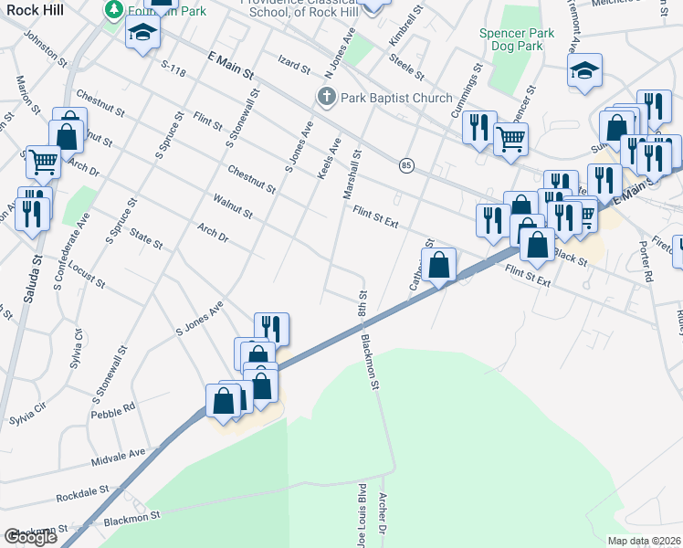 map of restaurants, bars, coffee shops, grocery stores, and more near 915 8th Street in Rock Hill