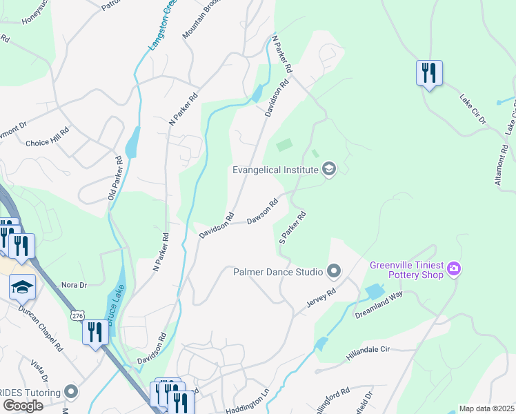 map of restaurants, bars, coffee shops, grocery stores, and more near 11 Dawson Road in Greenville