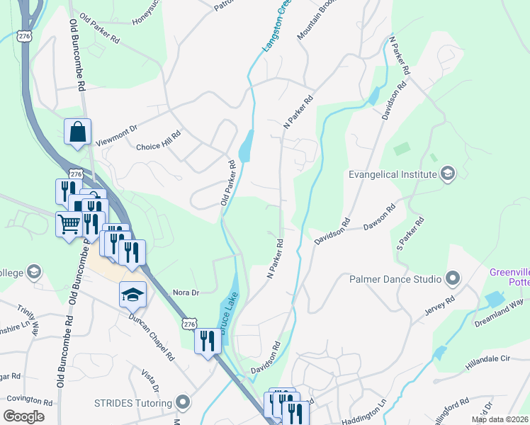 map of restaurants, bars, coffee shops, grocery stores, and more near 1314 North Parker Road in Greenville