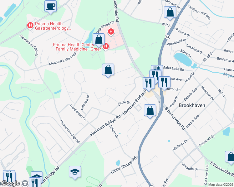 map of restaurants, bars, coffee shops, grocery stores, and more near 104 Stream Crossing Way in Greer