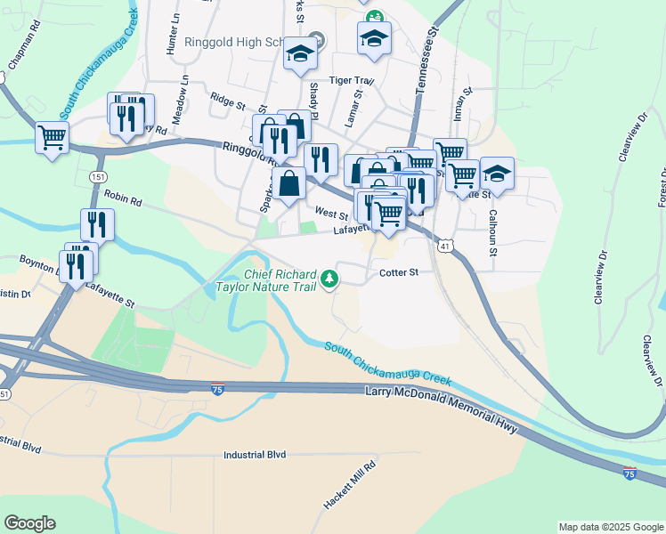 map of restaurants, bars, coffee shops, grocery stores, and more near 89 Gale Street in Ringgold