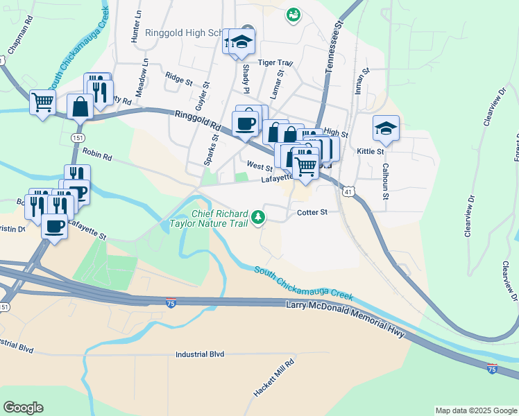 map of restaurants, bars, coffee shops, grocery stores, and more near 203 Emberson Drive in Ringgold
