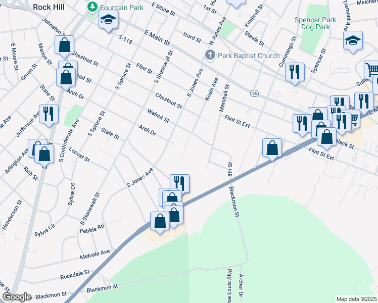 map of restaurants, bars, coffee shops, grocery stores, and more near 529 Keels Avenue in Rock Hill