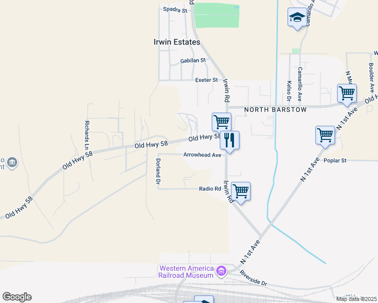 map of restaurants, bars, coffee shops, grocery stores, and more near 29072 Arrowhead Avenue in Barstow