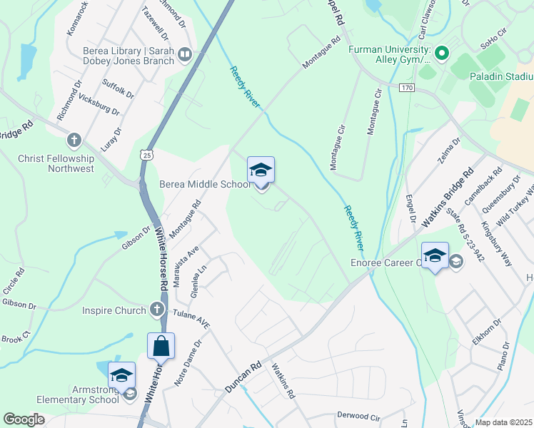 map of restaurants, bars, coffee shops, grocery stores, and more near 151 Berea Middle School Road in Greenville