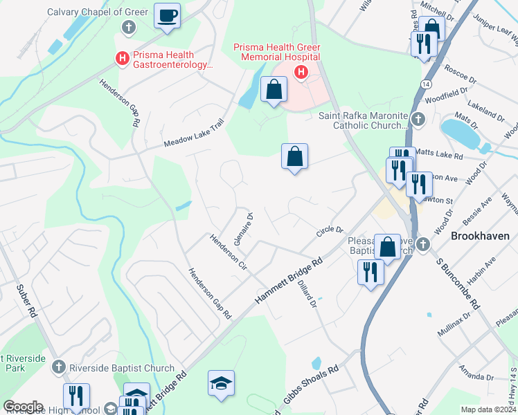 map of restaurants, bars, coffee shops, grocery stores, and more near 17 Valley Fall Court in Greer