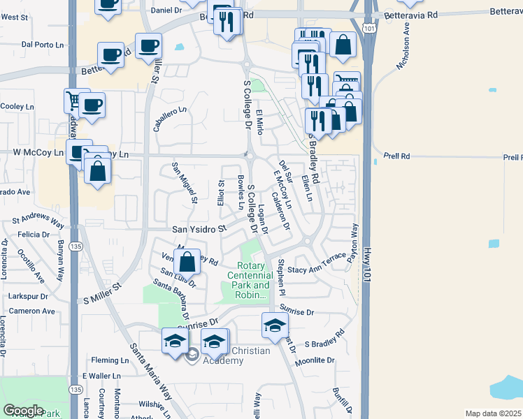 map of restaurants, bars, coffee shops, grocery stores, and more near 2531 Logan Way in Santa Maria