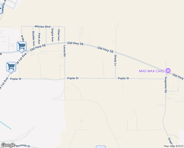 map of restaurants, bars, coffee shops, grocery stores, and more near Poplar Street in Barstow