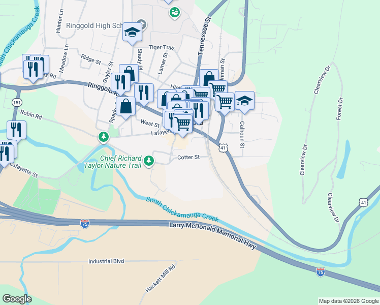 map of restaurants, bars, coffee shops, grocery stores, and more near 463 Cotter Street in Ringgold